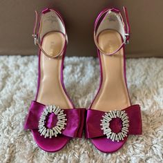 Express Magenta Satin Jeweled Bow Sandal! Nwt Purple Satin Heels, Formal Flat Sandals With Heel Strap, Flat Shoe Clips For Party, Elegant Purple Sandals With Buckle Closure, Purple Flat Sandals For Party, Formal Summer Shoe Clips, Purple Party Sandals With Buckle Closure, Flat Sandals With Heel Strap For Party, Bow Sandals