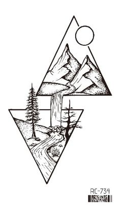 a drawing of mountains and trees in the shape of a triangle on top of a piece of paper