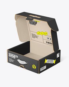 an open cardboard box with yellow stickers on the lid and bottom, sitting in front of a white background