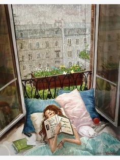 a painting of a woman laying in bed reading a book while looking out the window