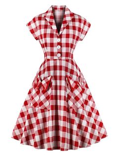 Red 1950s Pockets Plaid Dress - Retro Stage - Chic Vintage Dresses and Accessories Doll Collar Dress, Very Short Dress, Mode Kimono, Robes Vintage, Look Retro, Party Kleidung, Standard Dress, Rockabilly Dress, Cap Dress