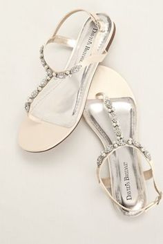 Pearl and crystal embellishment makes this t-strap sandal an elegant and comfortable option for any event!   Satin t-strap sandal encrusted with sparkling crystals and opulent pearls.  Heel Height: Flat.  Fully lined.  Imported. Piano Centerpiece, Footwear Ideas, Bridal Flat Sandals, Flat Sandals Wedding, Bridesmaids Shoes, Sandals Wedding, Bridal Shoe