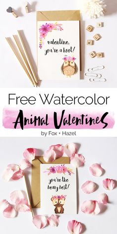 valentine's day card with free watercolor animal printables and flowers on it