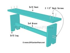 a blue desk with measurements for the top and bottom section, along with two legs