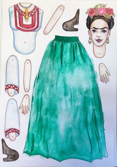 a paper doll's green dress and accessories