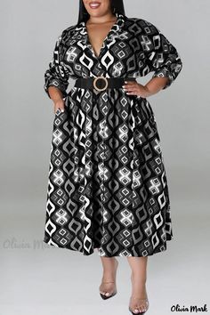 Olivia Mark - Gray Print Patchwork Belted Shirt Dress with Turn-Down Collar for Plus Size Women White Collar Shirt Outfit, Flattering Plus Size Dresses, Shirt Dress Plus Size, Plus Size Shirt Dress, Collar Shirt Dress, Trendy Plus Size Fashion, Collared Shirt Dress, Dress Sleeve Styles, Belted Shirt Dress