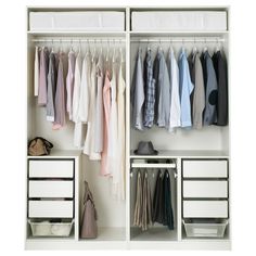 a white closet with clothes and shoes hanging on the rack, next to an open door