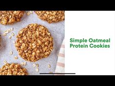 oatmeal protein cookies on a baking sheet with the words simple oatmeal protein cookies