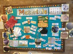 a bulletin board with pictures and magnets on it that says materials, which is surrounded by other things