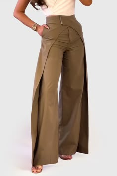 Our Wide Trousers with Double Layer Detail offer an elevated look, with adjustable waist, wide legs, side pockets, and double layer detail.Fabric: Cotton, Polyester Dress And Trousers Outfit, Pant Design For Women, Creative Pants, 80s Trousers, Unique Trousers, Adjustable Waist Pants, Adjustable Pants, Fashion Trousers, How To Wear Ankle Boots