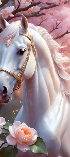 a painting of a white horse with pink flowers in front of it's face