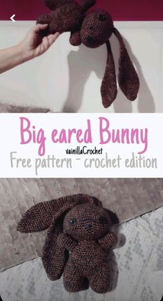 there is a small stuffed animal being held up by someone's hand with the text, big scared bunny free pattern crochet