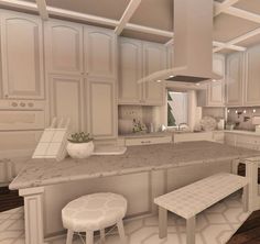 a large kitchen with white cabinets and marble counter tops