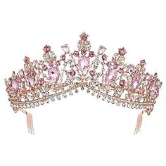 30 Days Return Policy Fast Delivery Trusted seller Gold Tiaras Crystal Wedding Bridal Crown for Women Baroque Queen Crown pink Product Description Material: This gorgeous tiaras crown made of gold-plated alloy, beautiful rhinestone and sparkly crystal-which will make you shine on your special day! Size: Tiara measures approx 2.75" in height, 7" in diameter. One size fits most women and girls since it could be bent gently to fit,you can adjust it by yourself. Design: The crown princess tiara is d Quinceanera Inspiration, Blue Wedding Headpiece, Veil Tiara, Rhinestone Veil, Rose Gold Hair Accessories, Bridal Crown Tiara, Unicorn Jewelry