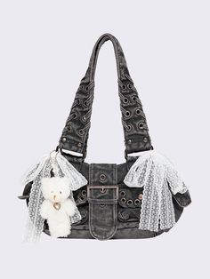 Enhance your coquette outfit with our Washed Grey Denim Buckle Bag adorned with multi-pockets, rings, studs, eyelets, a lace bow, and a teddy bear beaded keychain. Embrace cutecore Y2K-inspired vibes with this must-have accessory, available now at Minga London! Teddy Keychain, Purse Aesthetic, Multi Pocket Bag, Minga London, Coquette Outfit, Buckle Bag, London Bags, Beaded Keychain, Buckle Bags