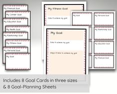 the printable worksheet includes 8 good cards in three sizes and 6 goal - planning sheets