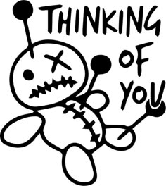 a black and white drawing of a teddy bear with the words thinking of you