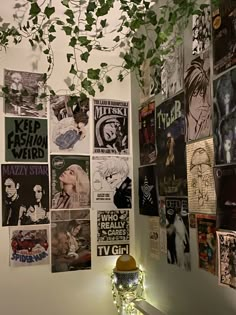 a bunch of posters are hanging on the wall next to a lamp and some plants