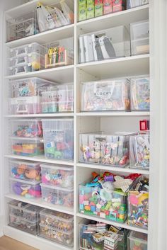 an organized closet with clear bins filled with toys and other storage items on shelves