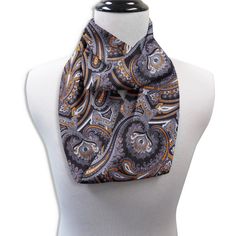 Large looping paisleys of copper and silver flow on and on in this stunning pattern on black Italian silk twill. Every tie will be unique.Handcrafted in Middlebury, Vermont.No woman's wardrobe is complete without at least one of our infinity scarves. Even women who think they just can't wear a scarf look great – and no knots required! Each scarf is double-sided with a 58 inch circumference and is 6 inches wide. If you've always wanted a silk scarf, the Salerno is a great choice! Formal Silk Scarf With Paisley Print, Formal Paisley Print Silk Scarf, Elegant Patterned Silk Scarf With Paisley Print, Elegant Silk Scarf With Paisley Print, Formal Satin Scarves, Elegant Silk Scarves With Paisley Print, Elegant Brown Silk Scarf For Formal Occasions, Elegant Patterned Silk Scarves, Middlebury Vermont