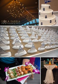 several pictures of different types of wedding cakes and desserts on display at an event