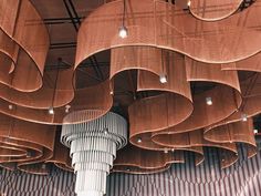 a large chandelier hanging from the ceiling in a room filled with wooden panels