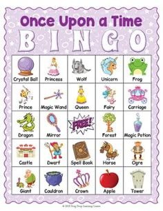 the once upon a time bingo game is shown in purple and white, with images of cartoon characters