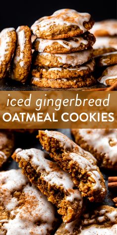 iced gingerbread oatmeal cookies stacked on top of each other