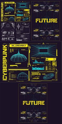 the back side of a computer screen with yellow and black graphics on it, all in different