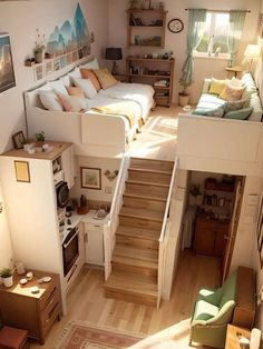 a small bedroom with stairs leading up to the loft bed and living room in the background