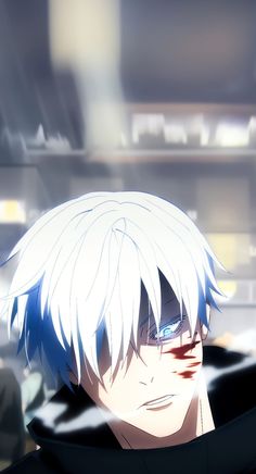 an anime character with white hair and blue eyes looking at something in front of him