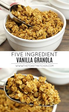 two bowls filled with granola on top of a wooden table