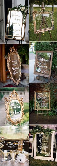 many different types of wedding signs in gold and silver frames with flowers on the side