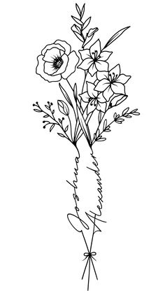 a black and white drawing of flowers in a vase