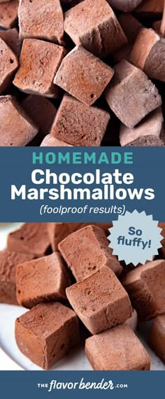 homemade chocolate marshmallows on a plate with text overlay that reads homemade chocolate marshmallows