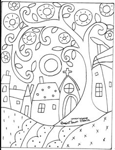 a coloring page with houses and trees