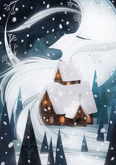 a painting of a house in the middle of a snowy landscape with trees and snow flakes