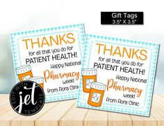 two thank cards with orange and blue gingham checks on them, one for the patient