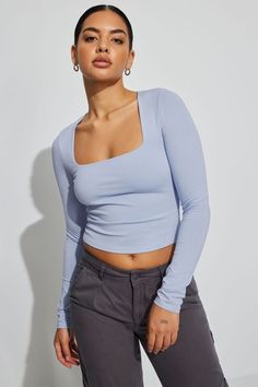 Portia Square Neck Long Sleeve Top, Serenity Blue Light Blue Long Sleeve Top, Square Neck Top Outfit, Long Sleeve Square Neck Top, Square Neck Long Sleeve Top, Cropped Outfits, Serenity Blue, Square Neck Long Sleeve, Birthday Fits, Blue Long Sleeve Tops