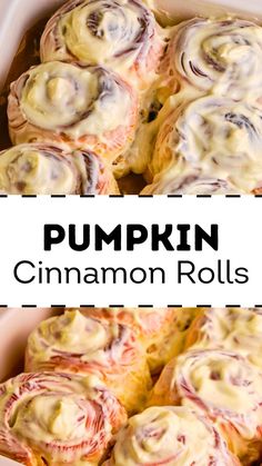 pumpkin cinnamon rolls with cream cheese frosting in a casserole dish