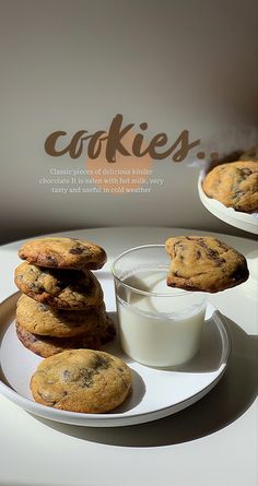 chocolate chip cookies and milk on a plate with the words cookies written in large letters