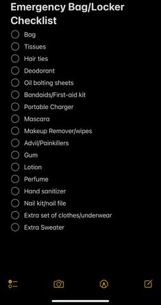 the emergency bag / locker checklist is shown in this screenshote, and it shows