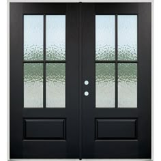 a black double door with frosted glass on the front and side doors to both sides