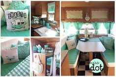 the interior of a small camper with green and white decor, including a kitchen table