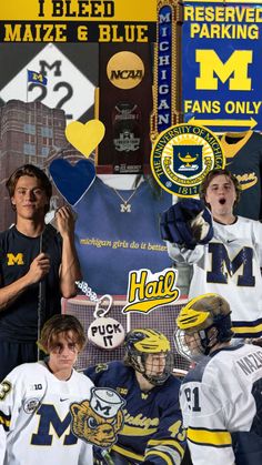 a collage of the michigan wolverines hockey team and their fans in front of them