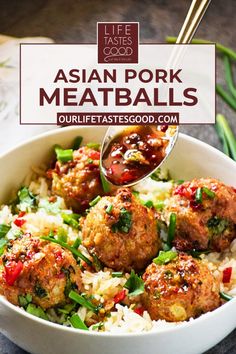 Asian Pork Meatballs over Coconut Rice with the most amazing asian inspired sauce recipe. Try this easy recipe for Asian Pork Meatballs that is gluten-free, low carb, & delicious! Thai Pork Meatballs, Asian Meatballs And Rice, Pork Meatball Soup, Ground Pork Meatballs, Creamy Coconut Rice, Asian Pork Meatballs, Easy Pulled Pork Crock Pot, Mediterranean Chicken Recipes