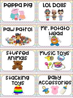 four different types of cartoon characters are shown in this printable name tags for the children's toys