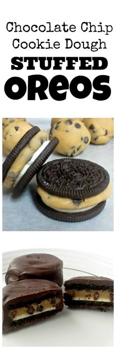 chocolate chip cookie dough stuffed oreo cookies on a white plate with text overlay