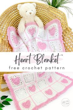 a crocheted blanket with a teddy bear on it and text that reads heart blanket free crochet pattern