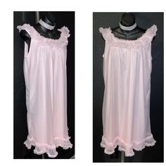 "This is a likely new/old stock gown from Her Majesty, tagged \"Young Jr\", size 15/16 - surprisingly generously sized. It has a sheer chiffon overlay with a nylon layer underneath. The edging is a wonderful ruffle chiffon along the neckline and hem. I don't see any issues, a bit more pink in person than the photos show on my computer. Bust 44\" Waist 56\" Hips 60\" Arm openings 18\" Length 38\" from shoulder to hem" Vintage Ruffled Nightgown For Sleepovers, Vintage Sleeveless Ruffled Sleepwear, Casual Bra, Beautiful Nightgown, Womens Lingerie, Chiffon Overlay, Rose Vintage, Chiffon Ruffle, Sheer Chiffon